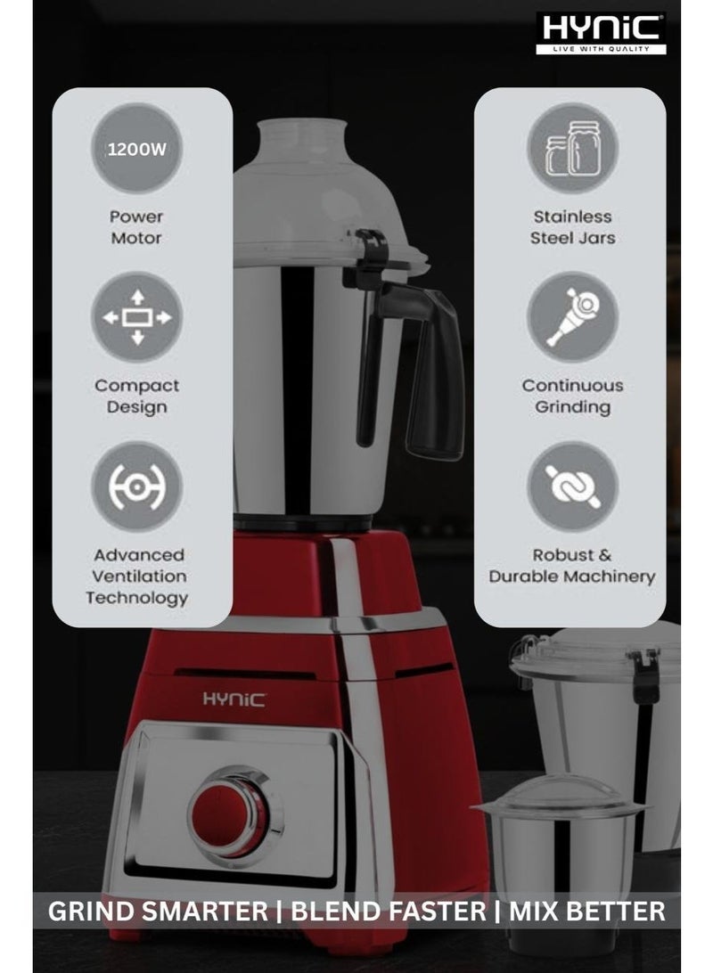 Hynic Kitchen Master 3-in-1 Mixer Grinder 1200W | Powerful 100% Copper Motor | 2L Stainless Steel Jar + 2 Additional Jars | Unbreakable ABS Body | 5 Year Warranty - Image 3